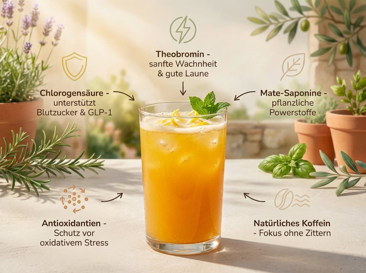 Unimate Inhaltsstoffe Illustration — Chlorogensäure, Theobromin, Mate-Saponine, natürliches Koffein und Antioxidantien im Überblick.