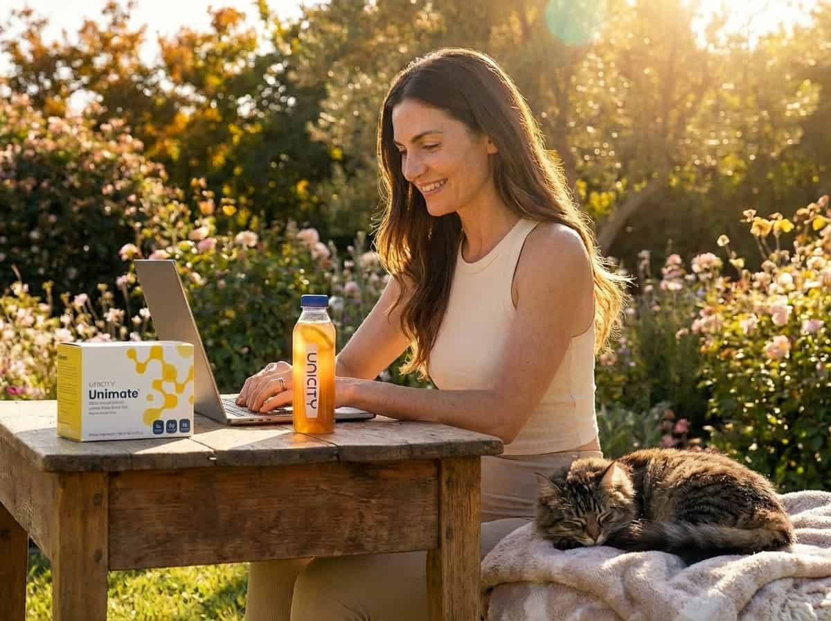 Frau trinkt morgens Unimate im Garten mit Laptop und Katze — Fokus und Energie für den Tag