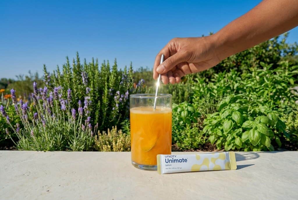Glas mit Unimate Lemon von Unicity neben Tütchen im sonnigen Garten – Yerba-Mate-Getränk fürs Fastenfenster