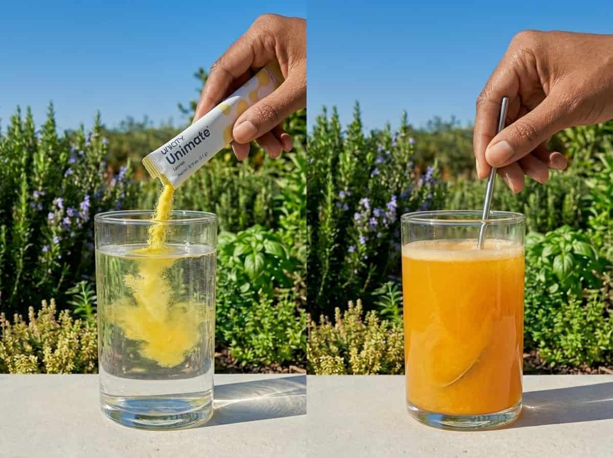 Unimate Zubereitung Schritt für Schritt — Stick-Pulver ins Glas geben und umrühren, fertiger Yerba Mate Drink.