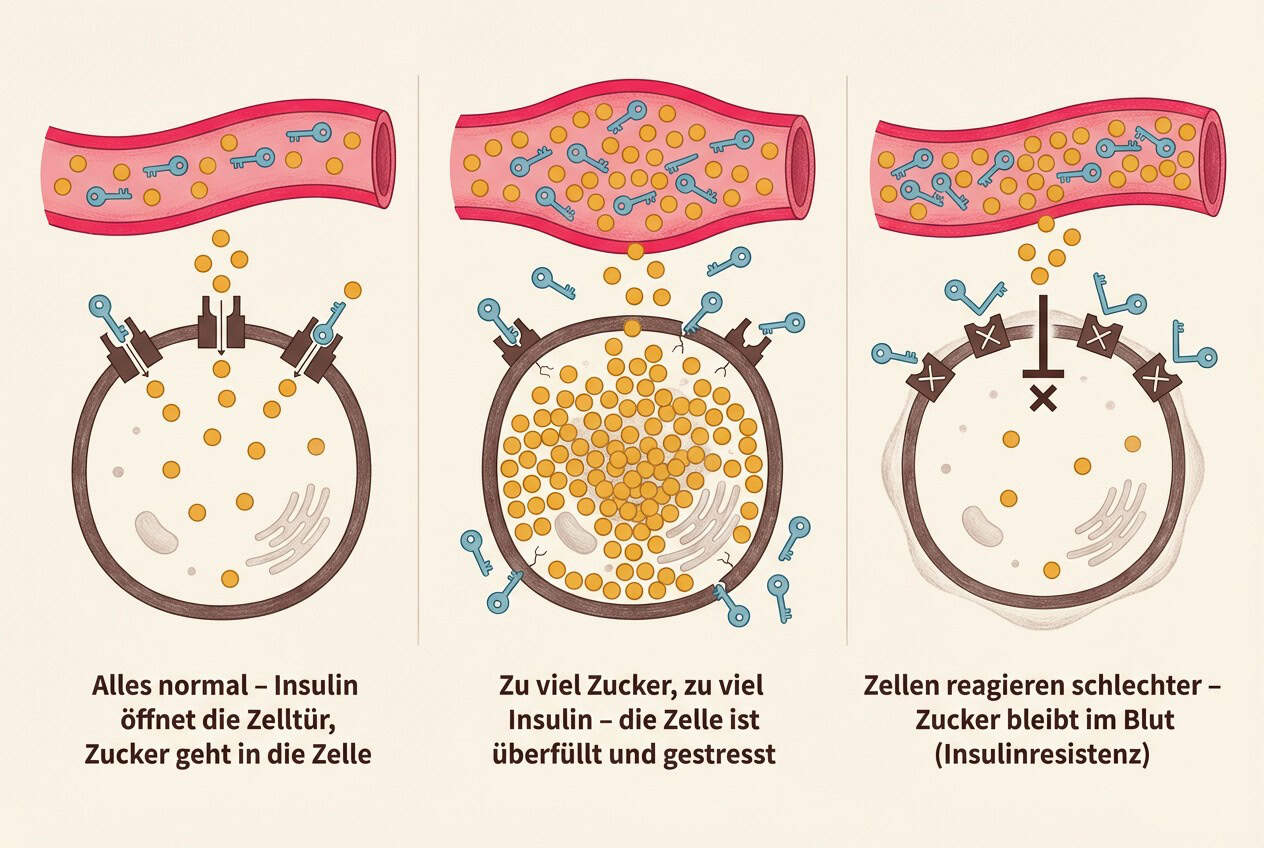 Illustration zeigt wie Insulin die Zelltür öffnet zu viel Zucker die Zelle überfüllt und Zellen schließlich insulinresistent werden
