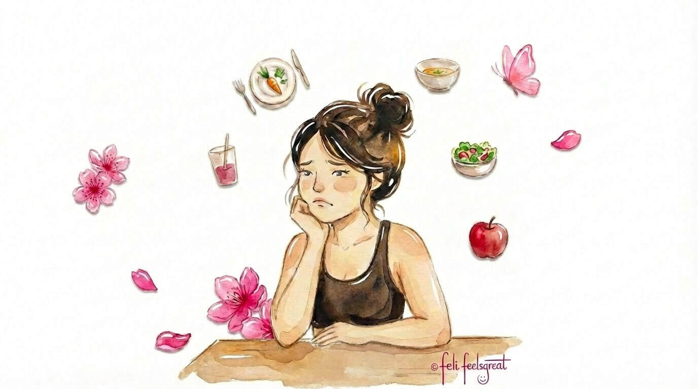 Zunehmen trotz wenig Essen - Nachdenkliche Frau am Tisch mit kleinen gesunden Mahlzeiten, Smoothie, Apfel und Beeren - trotz wenig Kalorien steigt das Gewicht